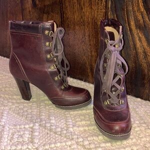 Hiker Heel Boots Lace Up Distressed Cordovan Leather Booties Stacked 3.5” Heels